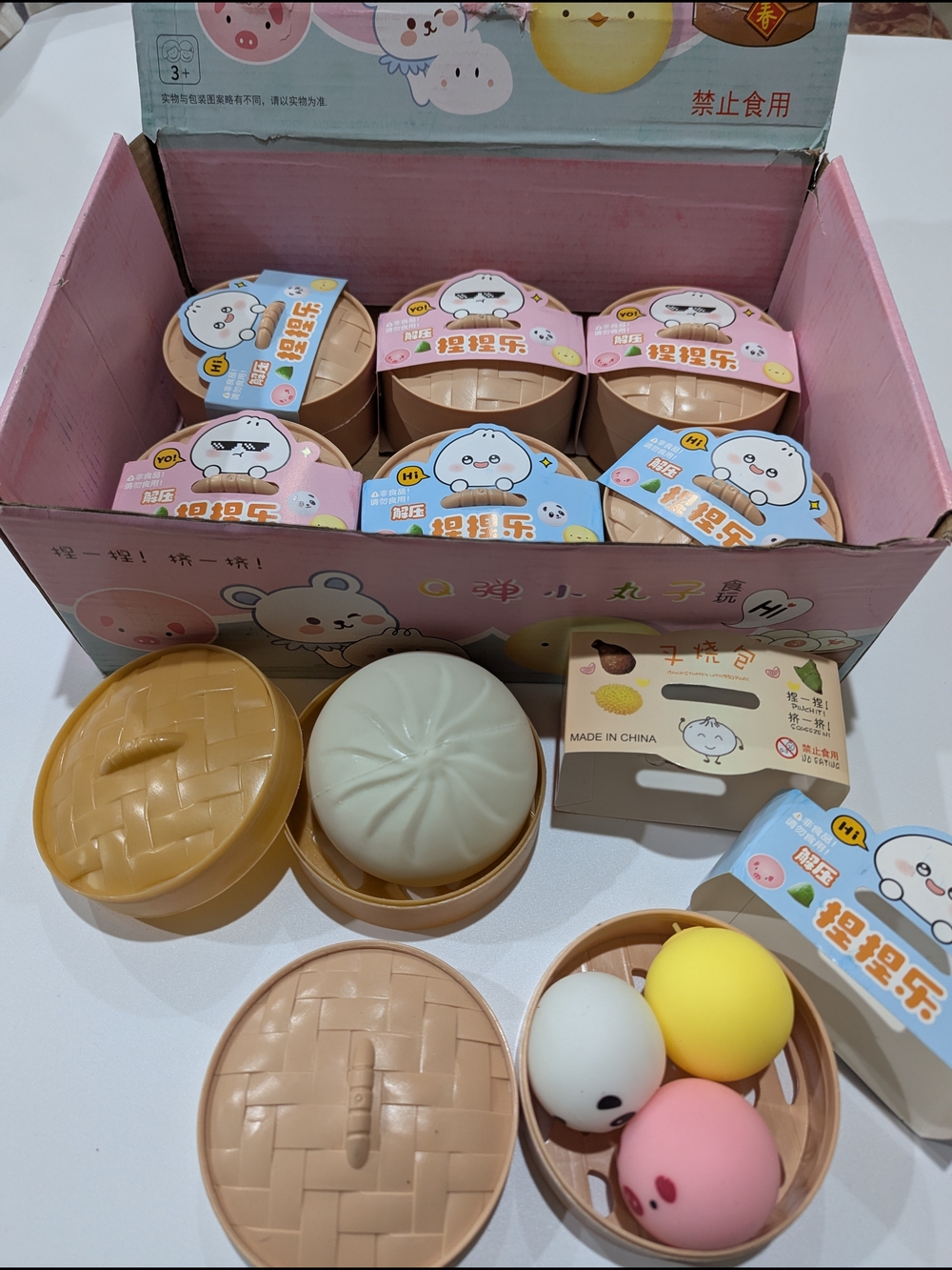 2 Cute Steamed Bun Squishy Toy Trio - Pastel Yellow, Pink & White
